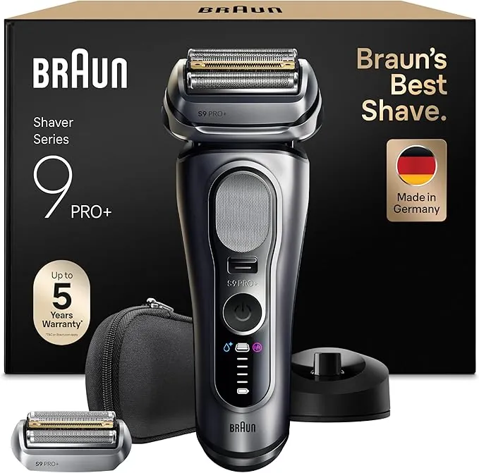 Braun Afeitadora Eléctrica Hombre Series 9 Pro+, Máquina de Afeitar Barba en Seco Y en Mojado con Tecnología 5+1, 60 Min de Uso, 1 Cabezal Extra, Base de Carga, Estuche de Viaje, 9617PSI, Plata
