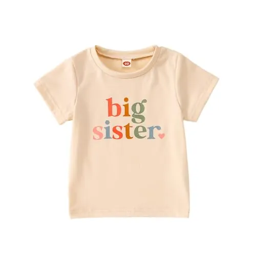 Big Sister Shirt Baby Anuncio para Niñas Trajes de Hermana Grande Camiseta Verano Manga Corta Tops Promoted to Big Sister Tees Lindo Cuello Redondo Camisetas Algodón Camisa, albaricoque, 4-5 Años