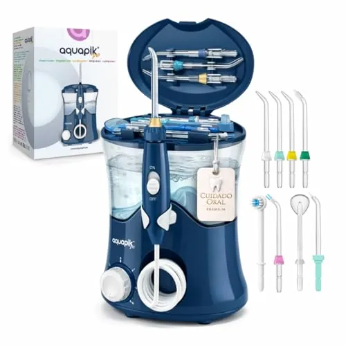 Irrigador Dental Aquapik PRO 600 ml 10 Niveles 8 Boquillas 360° Azul