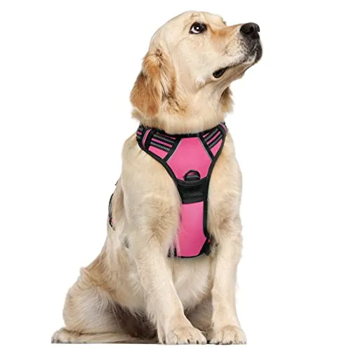 rabbitgoo Arnes Perro Grande, Arnes Perro Antitirones Coche con Lineas Reflecantes, Chaleco Acolchado Ajustable Transpirable con Asa y Anillos para Adiesreamiento Correr Tamaño L Color Rosa Rojo