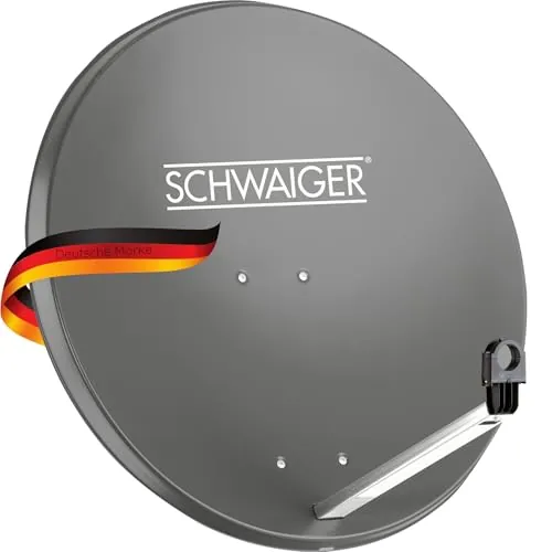 Antena para televisión digital vía satélite Schwaiger 714166 (75 x 85 cm) con brazo de carga LNB y mástil, antracita, espejo de acero – para recepción de DVB-S/S2 en Full HD, 3D y 4K (Ultra HD)