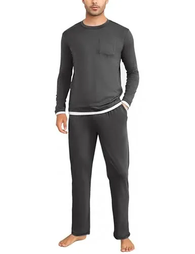 Litherday Pijamas Hombre Invierno de Manga Larga de Algodón Cuello Redondo
