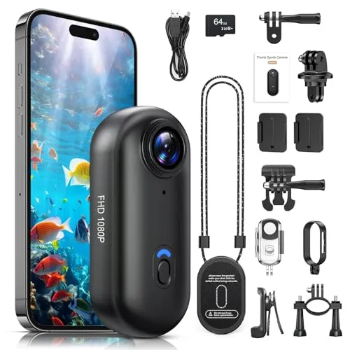 Hiwoor Cámara de Acción 360°, Mini Cámara Corporal POV, Subacuática 30m, WiFi, Gran Angular 120°, +10 Accesorios para Ciclismo, Viajes, Mascotas, Caminatas, Deportes + Tarjeta 64GB