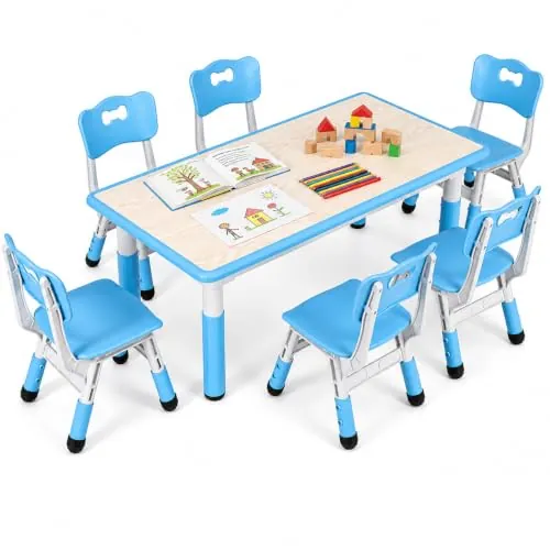 MAMIZO Mesa Infantil con 6 Sillas, Mesa y Silla Infantil en Altura Ajustable, de Dibujo Niños Infantil a Partir de 2 Años, Niños Adecuado para Hogares, Escuelas y Guarderías, Azul