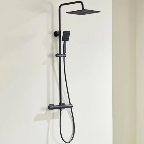 Auralum Columna de Ducha con Grifo Termostático y Protección Antiquemaduras, Rociador de 25 x 25 cm, Barra de Acero Inoxidable y Manguera de PVC de 150 cm, Compatible con Orificios Existentes, Negro