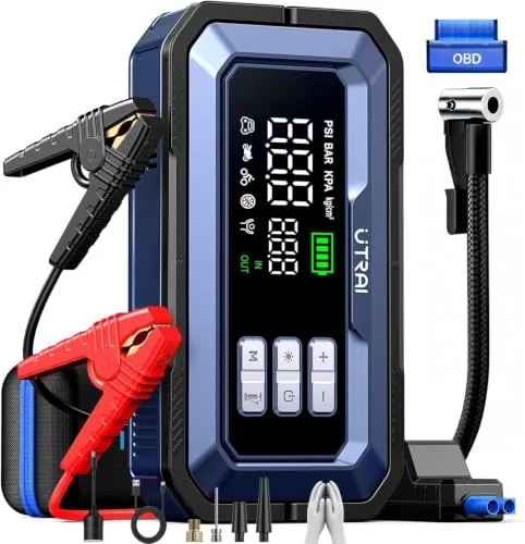 UTRAI Arrancador de Batería para Coche 8000A con Compresor de Aire 150 PSI, Escáner OBD2, Salida DC 160W, Luz LED 2000 Lúmenes y Carga Rápida 18W, Booster para Motores Gasolina y Diésel hasta 14L
