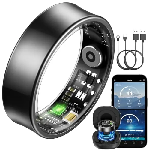 BANLVS Anillo Inteligente Hombre Mujer, Fitness Ring con Pulsometro HRV, SpO2 Sueño Temp Estrés, 176 Deportes, IP68 Smart Ring Reloj Inteligente App sin Suscripción (Negro, 60mm(9))