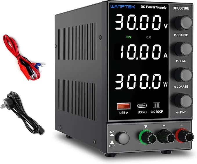 Wanptek Fuente de alimentación Laboratorio Regulable 30V 10A con Protección OCP, Carga Rápida USB-A/Tipo-C, Pantalla LED de 4 Dígitos y Regulación Precisa con Codificador