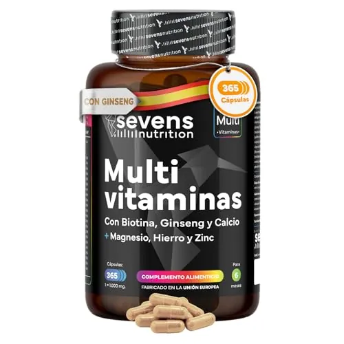 Vitaminas para el Cansancio con Magnesio y Ginseng - Multivitaminas para Hombre y Mujer - 365 Cápsulas para 6 Meses de Suministro - Complejo Multivitamínico Completo con Minerales y Ginseng - Sevens