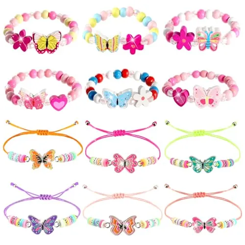BTHRORO 12 Piezas Pulseras Niña, Juego de Pulseras Amistad Mariposa Elásticas de Cuentas de Colores y Trenzada Ajustables, Joyas Mariposa, Regalos Niñas para Navidad, Cumpleaños y Fiestas