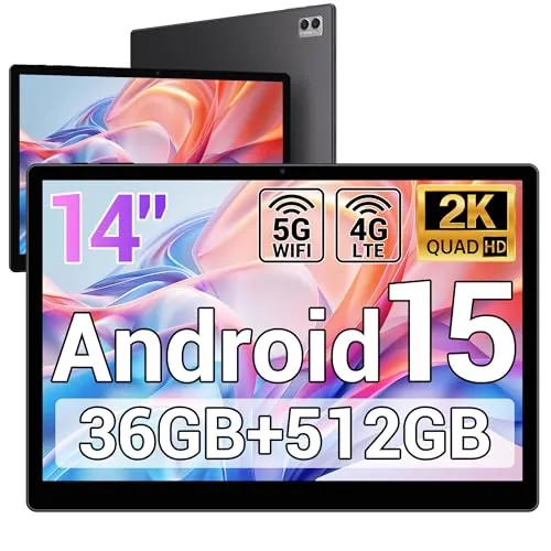 MIVASOLO Tablet 14 Pulgadas Android 15 Tableta con 4G LTE y 5G WiFi,36GB RAM+512GB ROM/2000 * 1200 FHD/11580mAh y 20W/Face ID/GPS/BT 5.0/TÜV/USB-C,Tablet con Lapiz,Gris