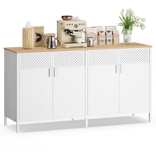 SONGMICS Armario de Almacenamiento, Aparador de Metal, 4 Puertas Magnéticas, Estante Ajustable, Marco de Acero, 40 x 141 x 76 cm, Blanco Nube y Roble Beige LSC205WC01