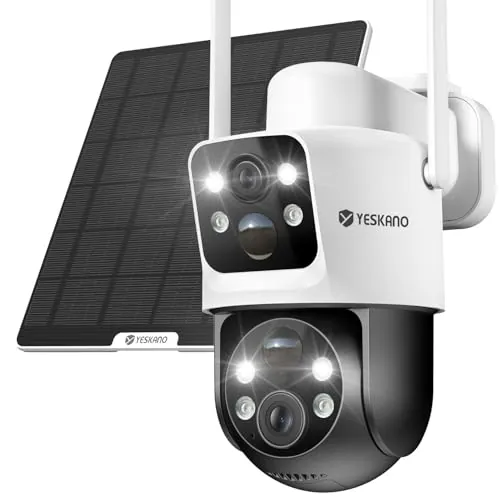 YESKANO Camara Vigilancia WiFi Exterior con Doble Lente, Cámara Exterior Solar con Panel Solar 6W, Camara Exterior WiFi PTZ 360° con App Móvil, Visión Nocturna Color, Audio Bidireccional, IP66