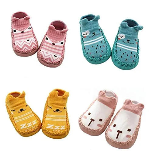 XM-Amigo 4 pares de calcetines antideslizantes para bebés, zapatos de casa para niños y niñas, con suela suave antideslizante, 0-24 meses, Rosa., 12-18 meses