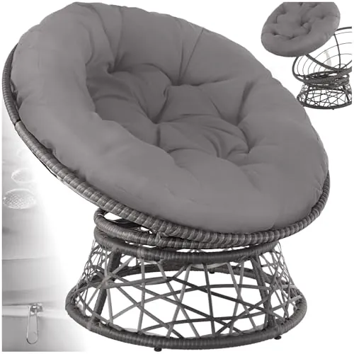 tectake® Sillón de Ratán y Acero en Forma de Cuenco, Giratorio, Muebles Jardín Exterior Resistentes a Intemperie, Sillón para Conjunto Jardín Exterior, Cojín Grande y Mullido, Altura Ajustable - Gris