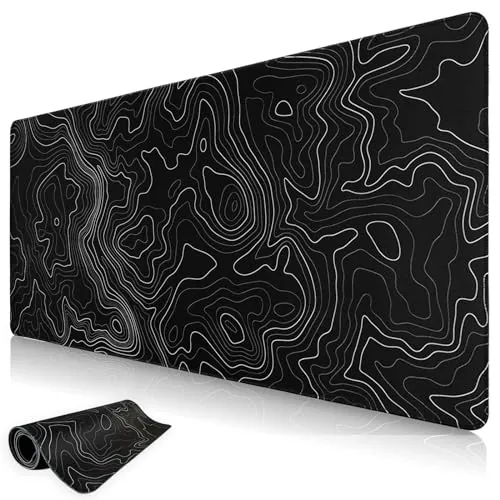 Niviy Alfombrilla Raton XXL 900x400 mm Mapa Topográfico Negro | Mouse Pad Grande de Goma Antideslizante para Hogar/Oficina con Bordes Cosidos
