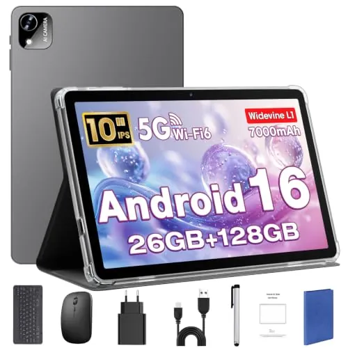 Android 16 Tablet 10 Pulgadas en Teclado, Ratón & Lápiz, CPU Unisoc T606, 26 GB RAM + 128 GB ROM + 1 TB TF, Pantalla IPS HD 1280x800, Cámara Dual, 7000 mAh, WiFi 6, BT 5.0, Widevine L1 (Funda Azul)