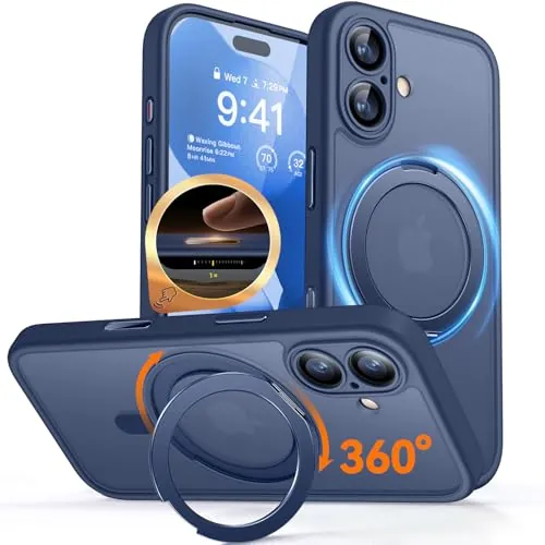 CANSHN Funda Magnética para iPhone 17(6.3"), con 360° Rotación Soporte, [Camera Control] Compatible con MagSafe, [Protección Total de La Cámara] Carcasa Fondo Mate Translúcido,Azul Oscuro