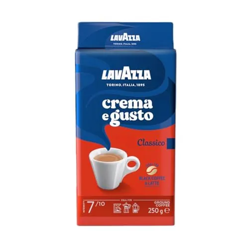 Lavazza, Crema e Gusto Classico, Café Molido Natural, Ideal para Cafetera Italiana, de Filtro y Francesa, con Notas Aromáticas de Especias, Arábica y Robusta, Intensidad 7, Tueste Oscuro, 250 g
