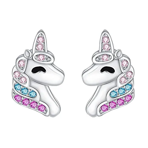 J.MUEN Pendientes de Unicornio de Plata de Ley 925 para Niñas y Mujeres,Regalo de Cumpleaños para Hija