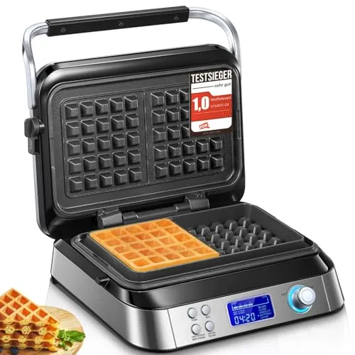 Gofrera Belga 1600 W, Gofrera Double Inteligente Pro con Pantalla LED, 5 Programas Diferentes, 7 Termostato Regulable, Asa Fría al Tacto, Acero Inoxidable (Silver)