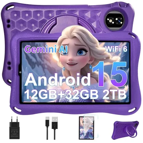 2026 Tablet Para Niños 9 Pulgadas Android 15 Gemini AI, 12GB RAM+32GB ROM(TF 1TB),Octa-Core, WiFi 6, GMS Certified, BT5.0, 8+5MP,5000mAh,Widevine L1,Control Parental,Tablet Niños con EVA Funda-Morado
