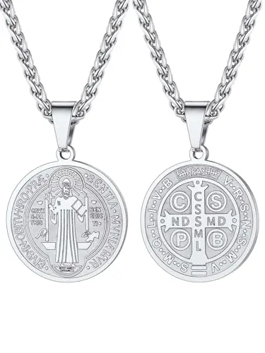 U7 Colgante Medalla San Benito Collar Hombre Acero Inoxidable 316L Collar con Colgante de Cruz de San Benito Hombre Plata con Catena Spiga 50+5cm Joyería Religiosa