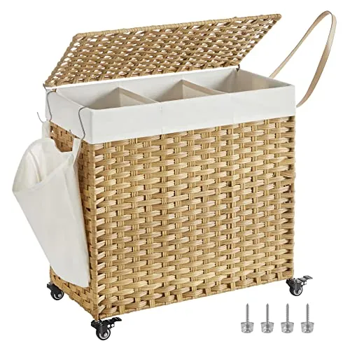 SONGMICS Cesto Ropa Sucia con Tapa, 140 L, 3 Compartimentos, con Ruedas