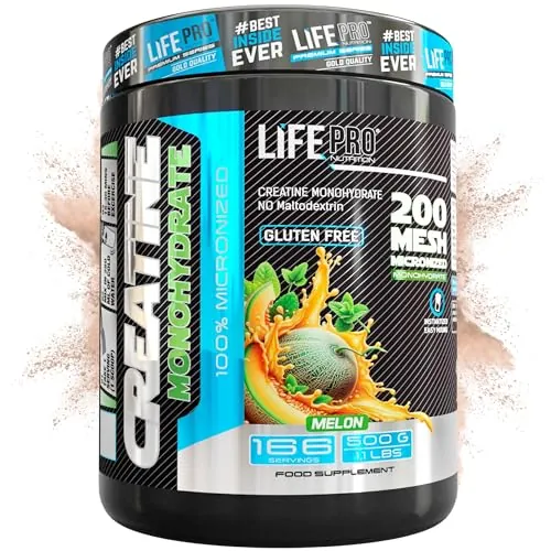 Life Pro Creatina Monohidratada 200 Mesh Micronizada, Creatina Polvo con 99.9% Pureza, Aumenta Resistencia y Fuerza, Absorción Rápida, Entrenamiento y Rendimiento Deportivo (500g, Melón)