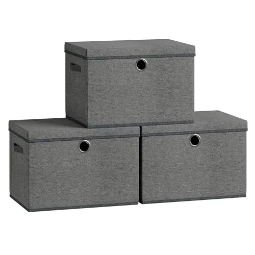 SONGMICS Cajas Almacenaje, con Tapa, Juego de 3, Organizadora de Tela