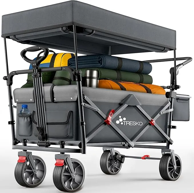 TRESKO® Carro Plegable con Techo, Compartimento de refrigeración y Ruedas Laterales, Carro de Mano máx. soporta hasta 150 kg, Carro de Transporte con neumáticos de Goma Maciza, Frenos