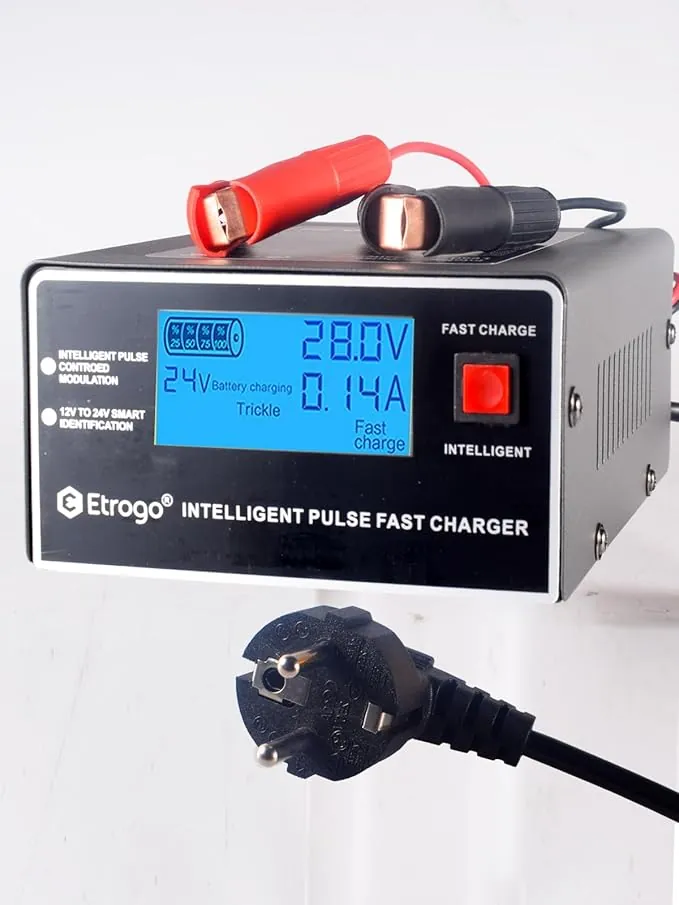 Etrogo Cargador Coche 12V 24V 10A 250W de Pulso Inteligente con Función Automática de Detección Reparación Mantenimiento con Pantalla LCD