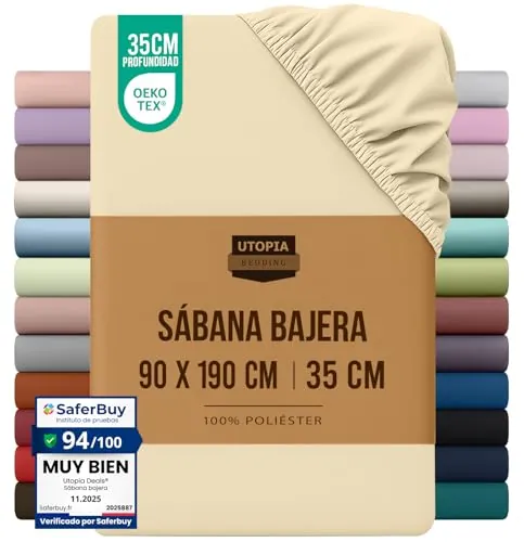 Utopia Bedding Sabana Bajera 90x190 - Beige - Certificado Oeko Tex - Bolsillo Profundo - Microfibra de Poliéster Cepillado (Cama 90)