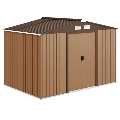 Outsunny Caseta de Jardín Exterior, 5 m² 277x195x192 cm, Cobertizo de Jardín Exterior Metálico con 2 Puertas Correderas, Base Refuerzo (Suelo NO Incluido) y 4 Ventanas, Amarillo