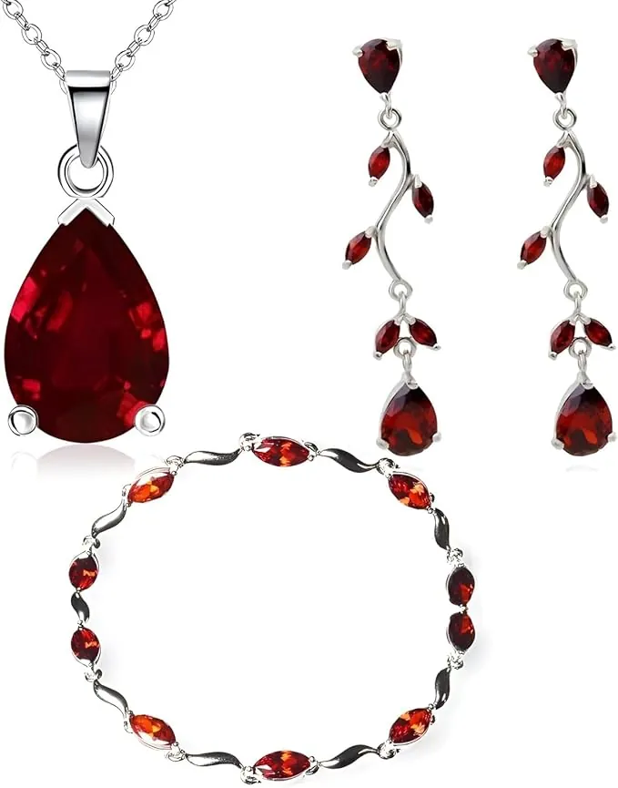 Crystalline Azuria Mujer 18ct Chapado en Oro Blanco Lágrimas Juego de joyas Rojo Cristales de Zirconia Collar 45 cm Pendientes Pulsera para Mujer y Niña
