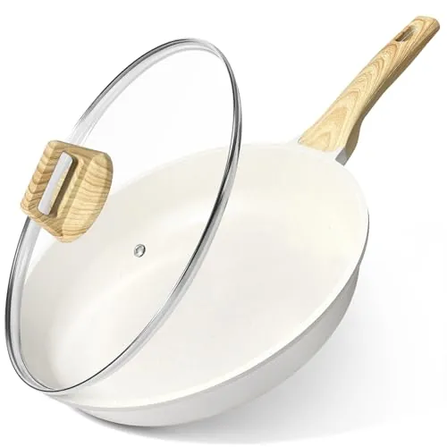 GiPP Sartén Antiadherente de Cerámica con Tapa，Sartenes para freír Saludable y No Tóxica,Compatible con Inducción,Libre de PFAS y PFOA,Apta para Lavavajillas（Blanco,26CM+Tapa）