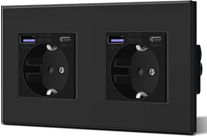 BSEED Enchufe Doble Pared con 20W USB y Tipo C,Enchufe USB C de Cristal,Carga Rápida,3 en 1，Fácil Instalación,2 Enchufes,157mm Negro