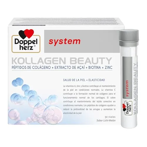 Doppelherz system KOLLAGEN BEAUTY - Complemento Alimenticio para Piel con Péptidos de Colágeno, Extracto de Açai, Biotina, Vitamina A, C y E, Zinc y Cobre, Sin Gluten ni Lactosa, 30 Viales