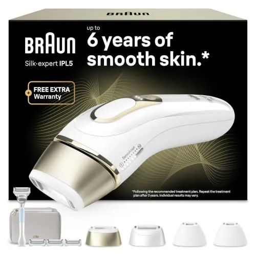 Braun Depiladora Luz Pulsada Silk·expert Pro 5, PL5157, Blanca/Dorada