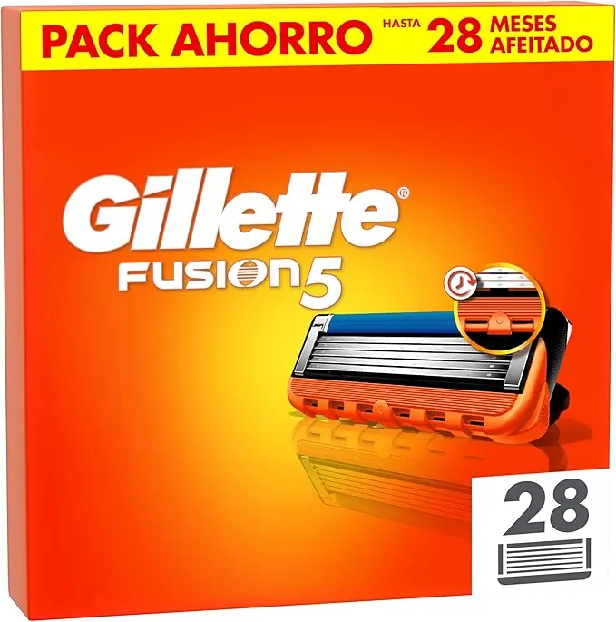 Gillette Fusion5 Pack de 28 Recambios Para Maquinillas De Afeitar, Cuchillas De Afeitar Con 5 Hojas, Banda De Gel Lubricante y Recortadora De Precisión