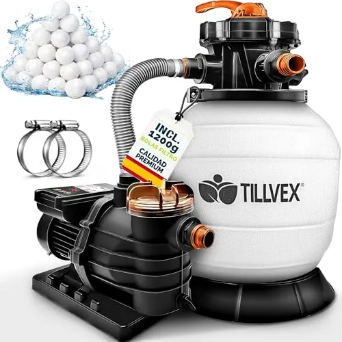 tillvex Depuradora de Agua para Piscina 13.200L/h hasta 40.000L + 1200g Bolas de Filtro - 7 Funciones de Filtrado - Bomba de Filtro de Arena con Válvula (Blanco/Naranja)