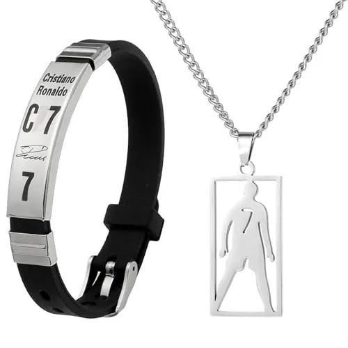 YUBBYSTU Juego de collar con colgante de fútbol, collar ajustable de acero inoxidable, pulsera de fútbol de silicona para hombres, regalos de fútbol para niños