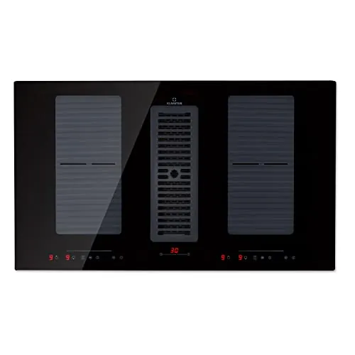 Klarstein Placa Induccion Eléctrica 2 en 1 Con Campana Extractora de Cocina para Islas, Ventilador Acero, Flujo Aire 654m³/h, Vitrocerámica 4 Zonas, Clase A