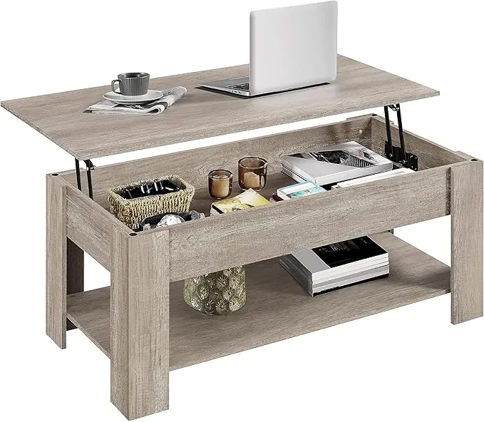 Yaheetech Mesa Centro Elevable con Estante Mesa Café con Revistero Mesa Comedor de Industrial para Salón 120 x 59 x 49,5 cm Gris