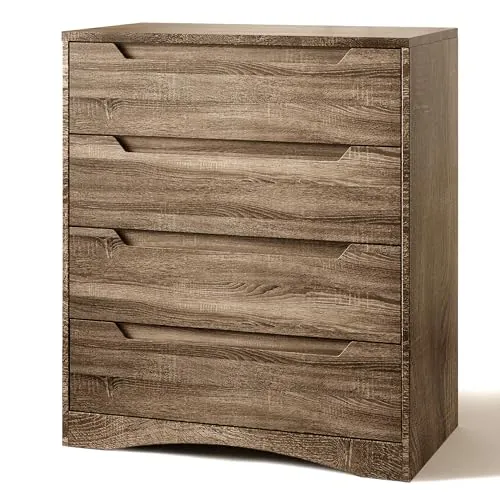 Blishom Cómoda 4 Cajones, Armario de Almacenamiento, Mueble de Almacenaje con Fácil Montaje, Gran Capacidad, Cómoda para Dormitorio, Salón, con Esquinas Redondeadas 71 x 40 x 82 cm (Marrón Claro)