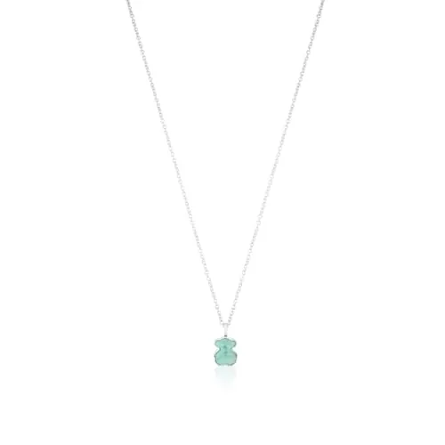TOUS Collar de Plata de Primera Ley para Mujer con Motivo Oso en Amazonita, 45 cm de Largo, Clásico y Elegante, Colección Icon Color