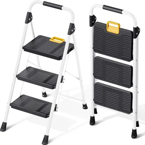KINGRACK Escalera Plegable 3 Peldaños, Carga hasta 150 kg, con Bloqueo de Seguridad, Pedales Anchos Antideslizantes, Pasamanos, Escalera Doméstica Ligera de Acero Hogar Cocina Oficina Armarios, Blanco