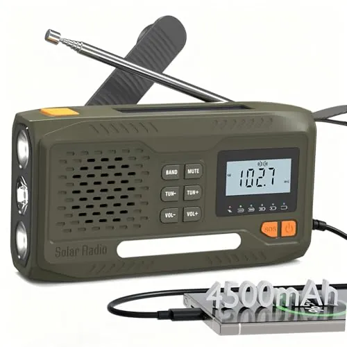 Joudix Radio Solar de Emergencia,Radio a Pilas Portatil Batería de 4500 MAh,Am/FM Radio Emergencia con Manivela,Pantalla, Kit de Emergencia Que Incluye Linterna,SOS Alarma y Cargador de Móviles USB