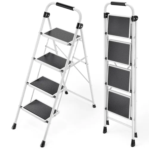 KINGRACK Escalera Plegable 4 Peldaños, Escalera de Tijera con Pedales Antideslizantes Anchos, Barandilla, Escalón Taburete de Acero Portátil Uso Hogar Cocina Oficina, Carga hasta 150 kg, Blanco