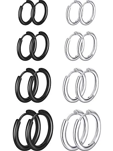 8 Pares de Pendientes de Aro de Cartílago Pendientes de Aro Pequeños de Acero Inoxidable Anillos de Labio Nariz para Mujeres Hombres (8 mm, 10 mm, 12 mm, 14 mm, Color Acero, Negro)